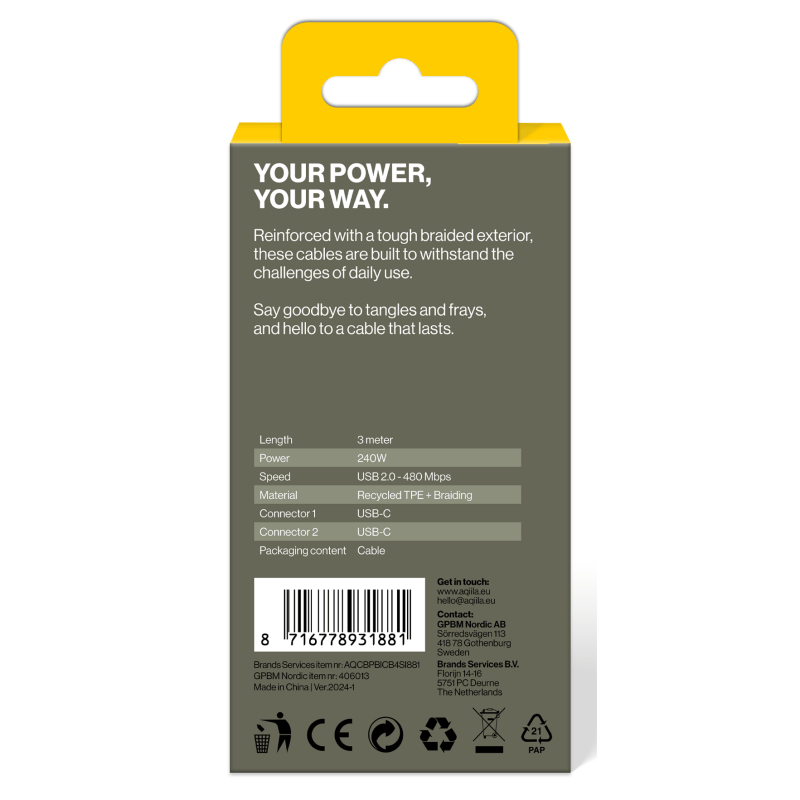 Aqiila flätad laddningskabel USB-C/USB-C 2.0 240W