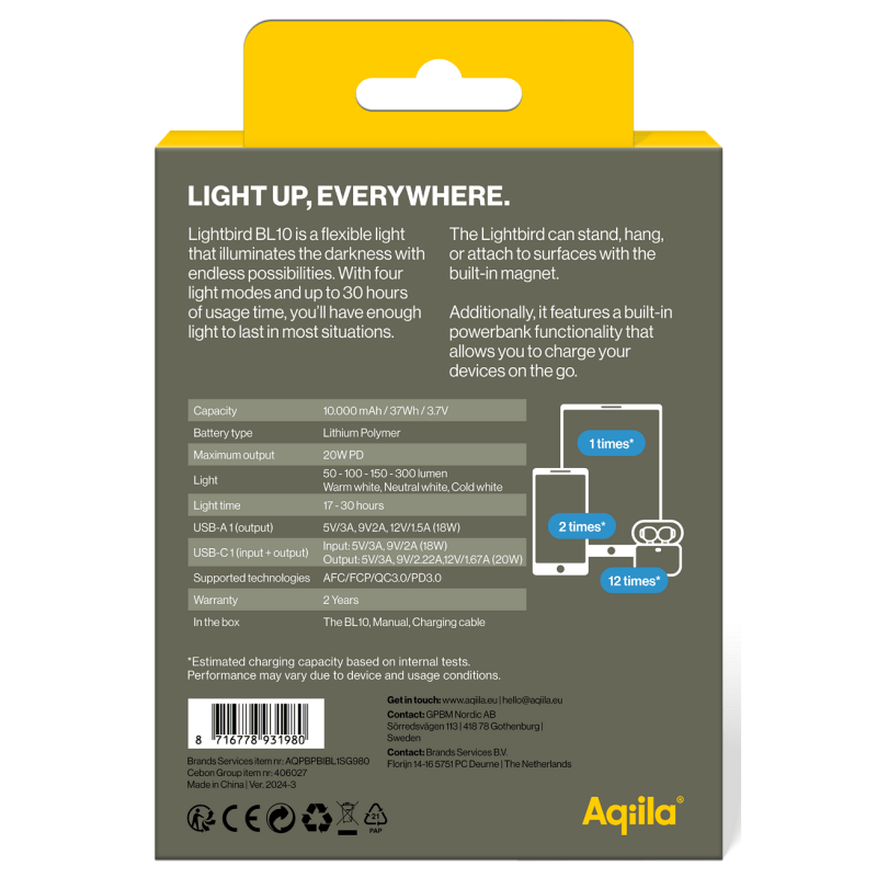 Aqiila Lightbird Powerbank + Lampa 10k mAh BL10