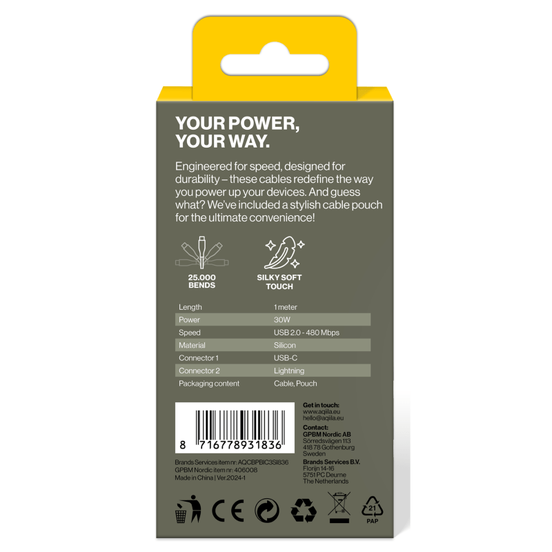 Aqiila Silicon USB-C/Lightni. 2.0 30W 1m