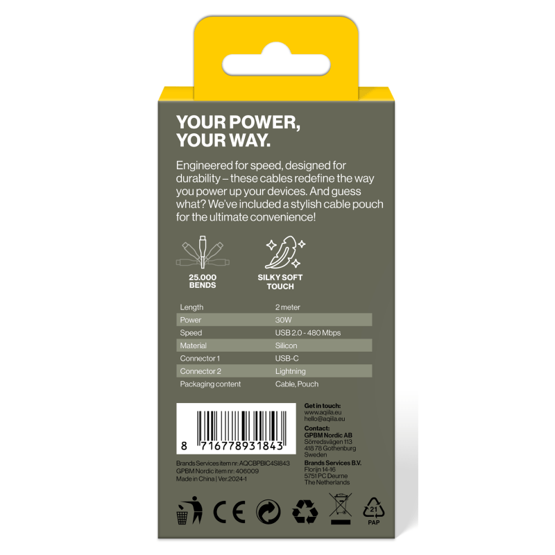 Aqiila Silikon USB-C/Lightning 2.0 30W 2m