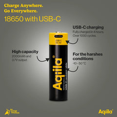 Aqiila Oplaadbare Batterij 18650 USB-C Lithium 3,7V 2000mAh
