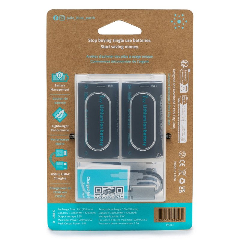Pale Blue Li-Ion Rechargeable D Battery USB-C 2-pack